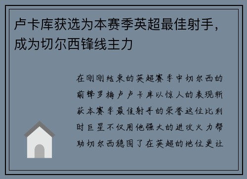 卢卡库获选为本赛季英超最佳射手，成为切尔西锋线主力