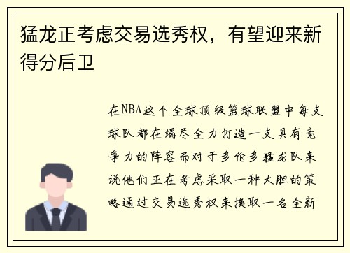 猛龙正考虑交易选秀权，有望迎来新得分后卫